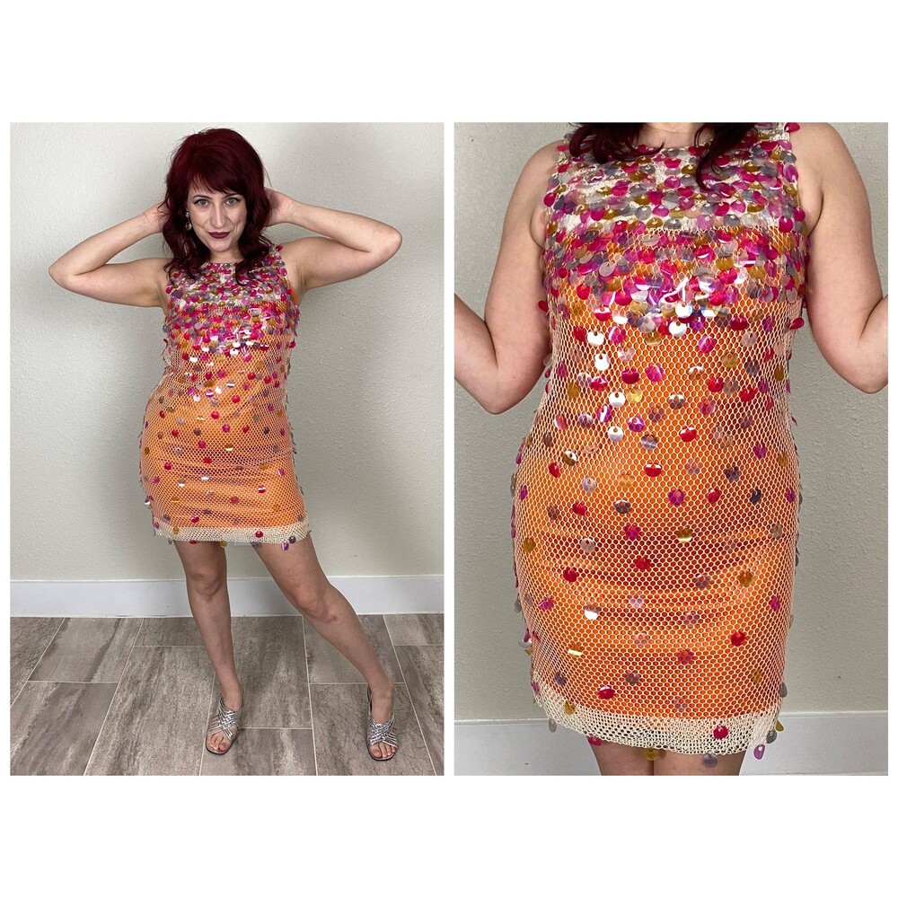 Size S M | RARE 1960s 60s Pink Sequin Mesh Fishnet Net Overlay Overdress Dress